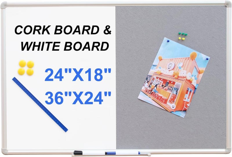 Develop Grey Felt Bulletin & Magnetic Dry Erase Combo Board, 24 x 18 Inch, Wall Mounted Whiteboard/Grey Felt Bulletin Combination Board with Marker Tray, Pins, Eraser, Markers & Magnets - Image 1
